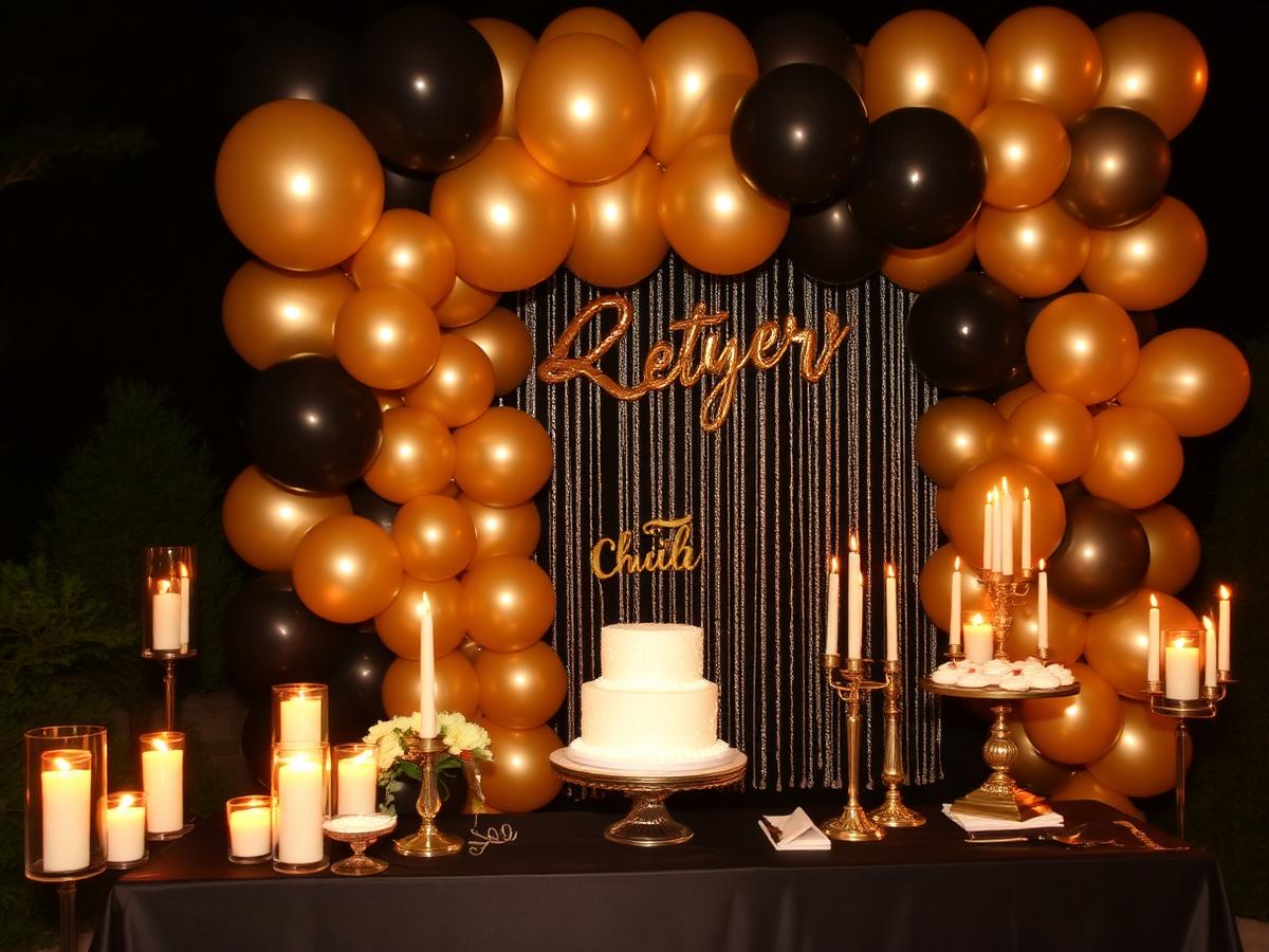Birthday celebration backdrop with gold and black balloons, candles and a tiered cake