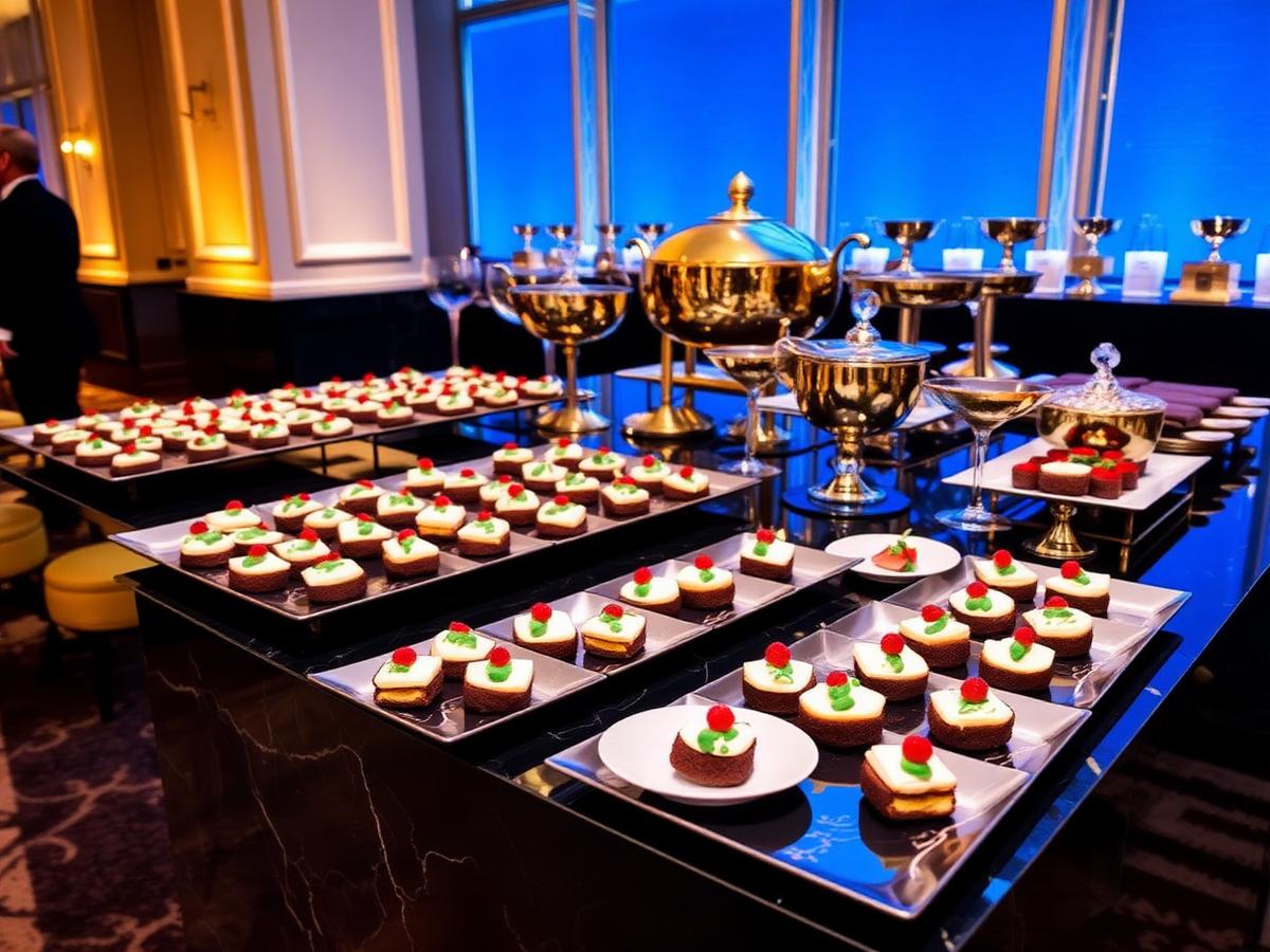 Catering display of canapes and plated bites arranged on a dark buffet table