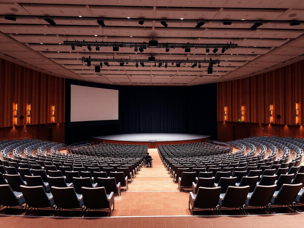 Conference auditorium with tiered seating facing a stage