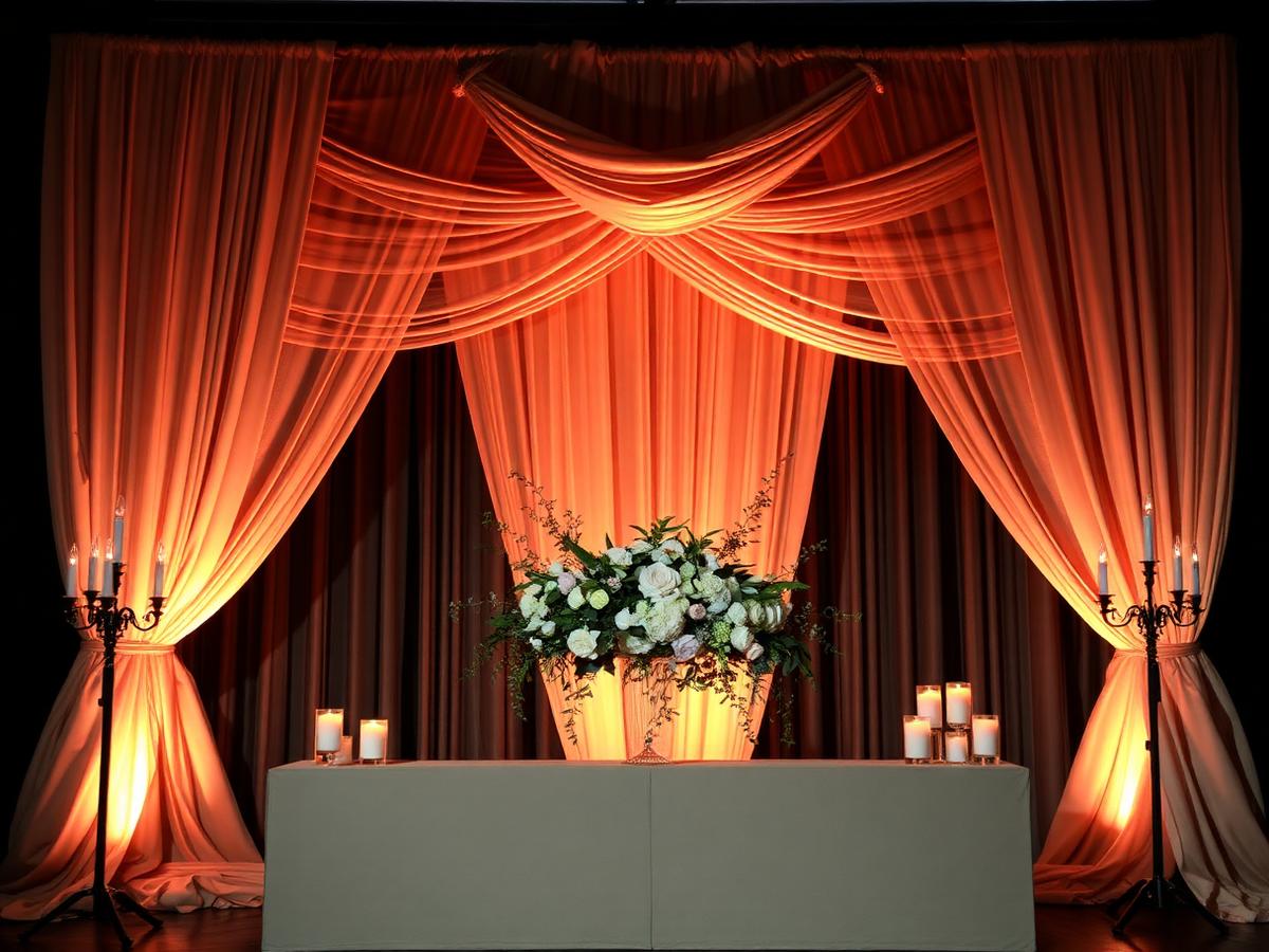 Draped fabric event backdrop with warm uplighting and a large floral arrangement