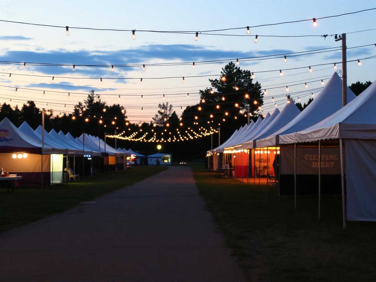 Outdoor festival grounds at dusk with white vendor tents and hanging string lights