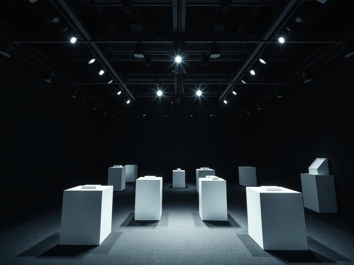 Launch space with lit display plinths under spotlights