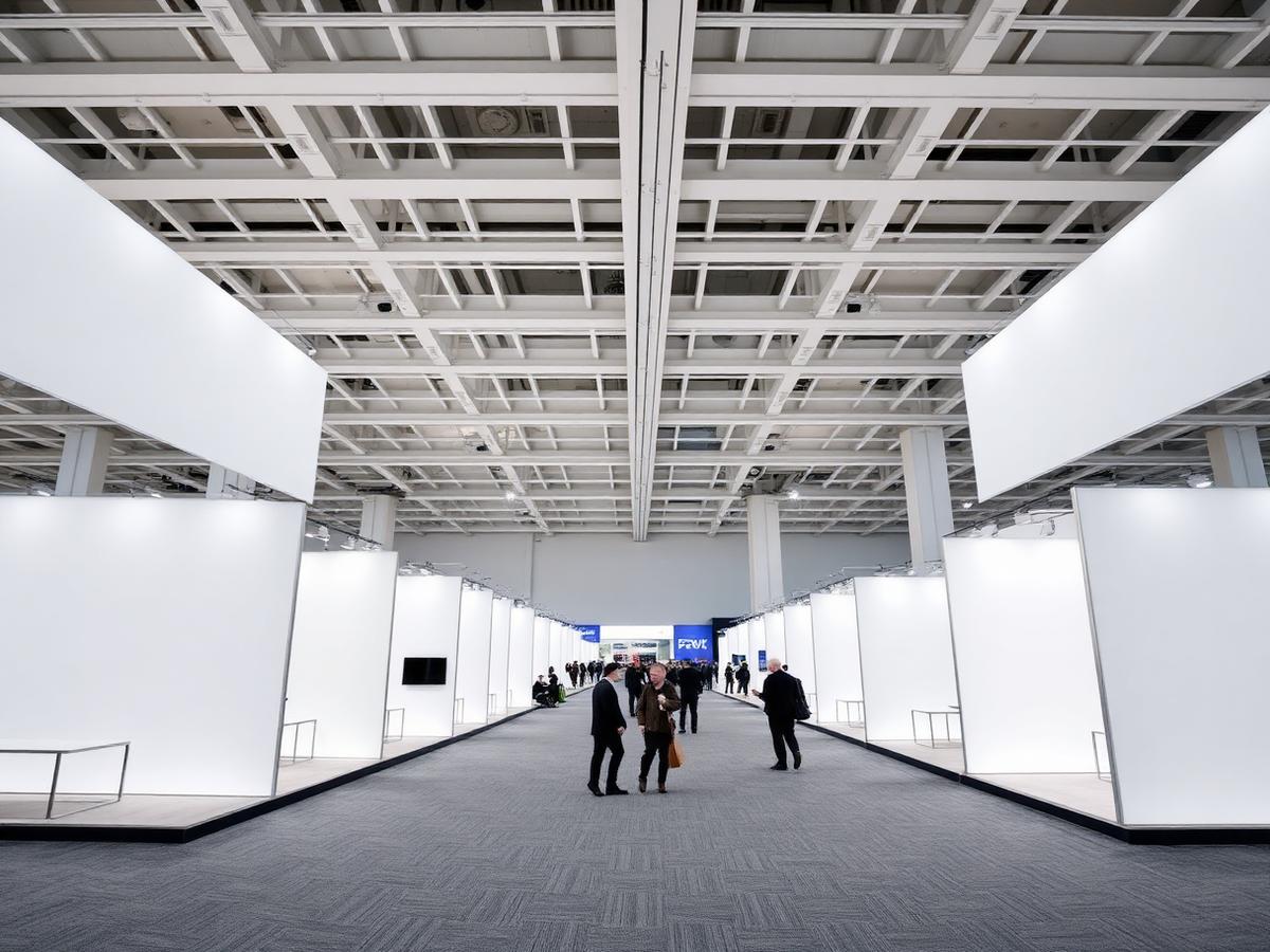 Trade show hall with modern white exhibition booths and wide carpeted aisles