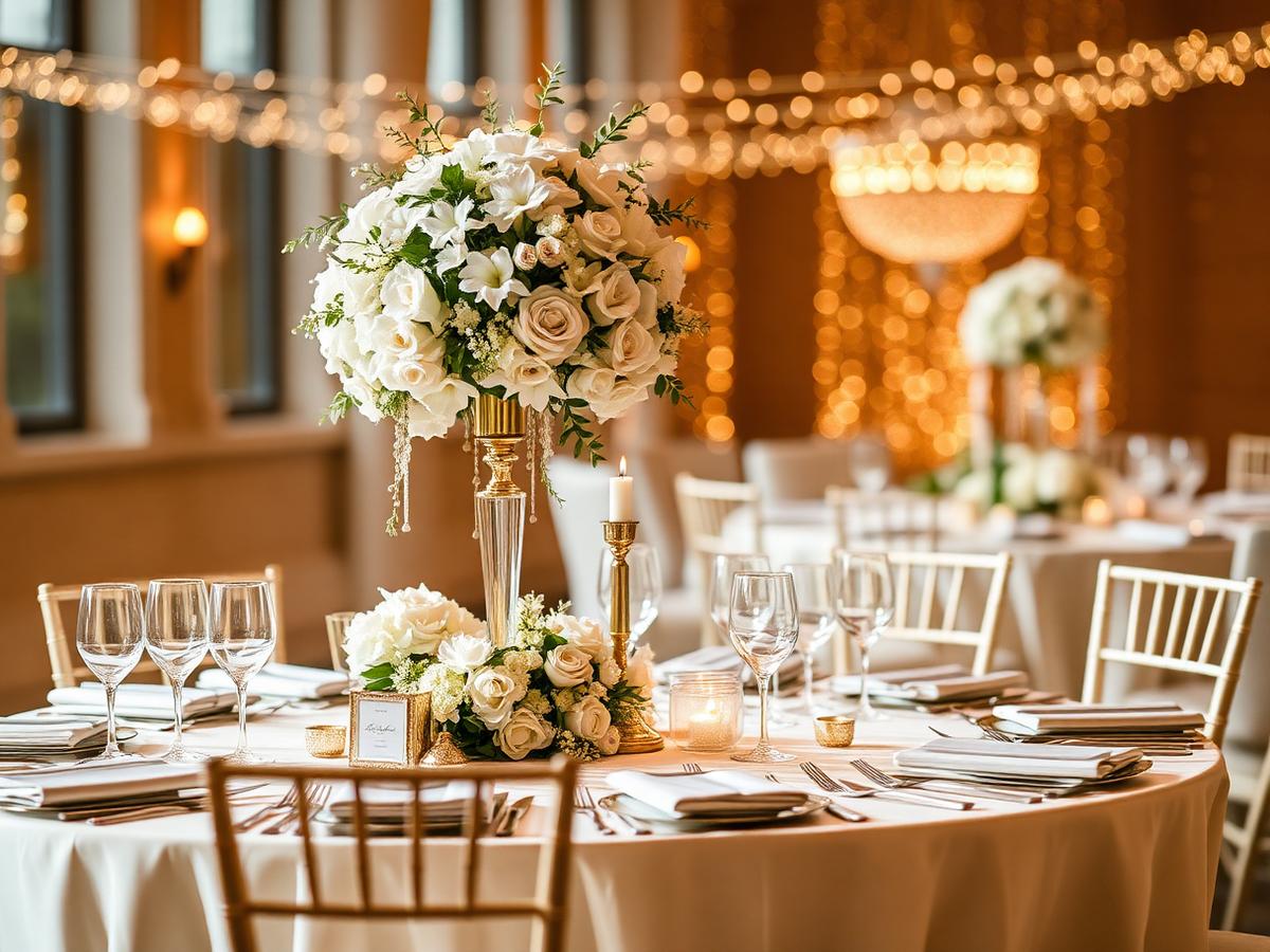 Wedding reception table with floral centrepiece and candles